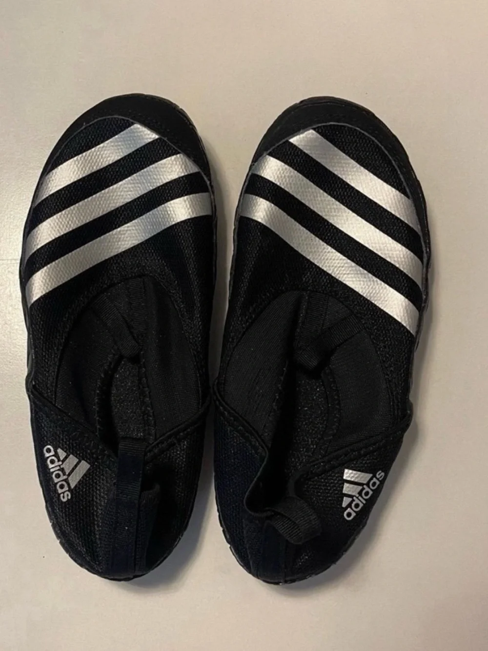 adidas Kids Black Slip-On Water Shoes with Silver Stripes